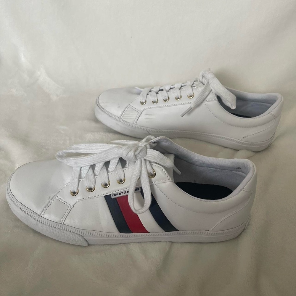 Tommy Hilfiger White Sneakers with Red and Blue Stripes